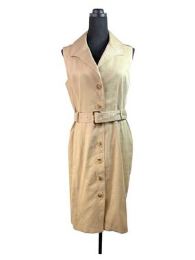 Brooks Brothers Khaki Sleeveless Belted Shirt Dress Linen Blend Collared Size 10